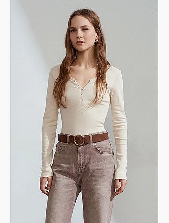 T-shirt coton boutonné manches longues ajusté dilvin