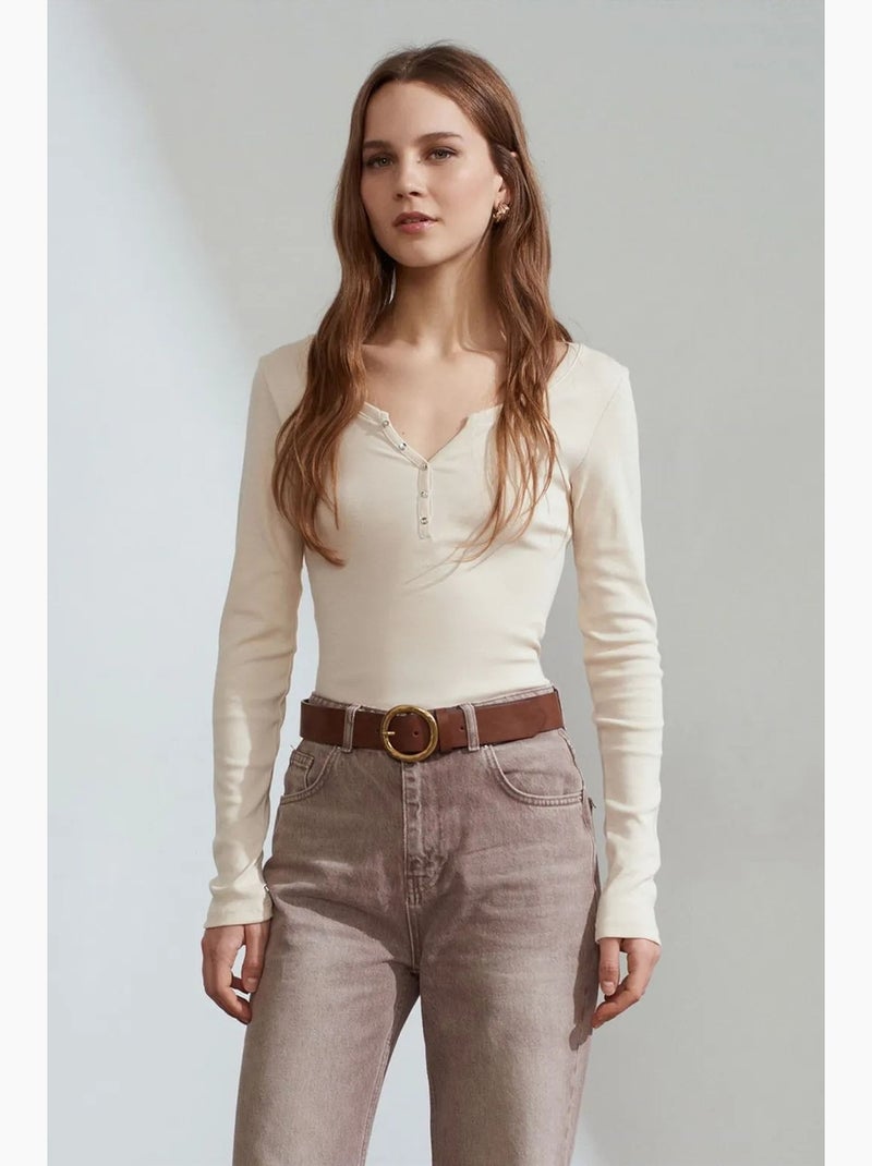 T-shirt coton boutonné manches longues ajusté dilvin Crème - Kiabi