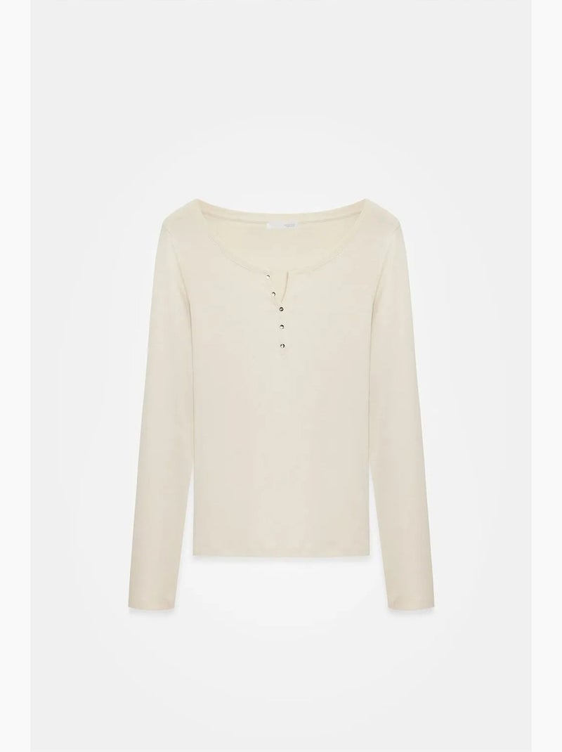 T-shirt coton boutonné manches longues ajusté dilvin Crème - Kiabi