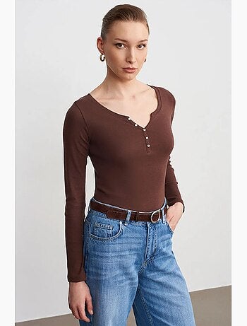 T-shirt coton boutonné manches longues ajusté dilvin