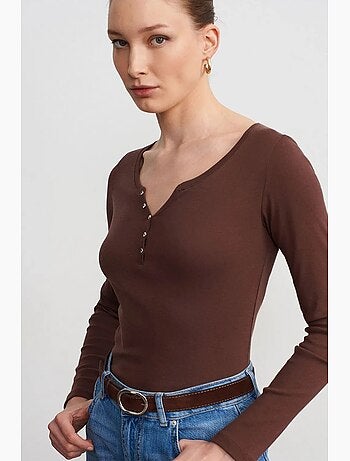 T-shirt coton boutonné manches longues ajusté dilvin