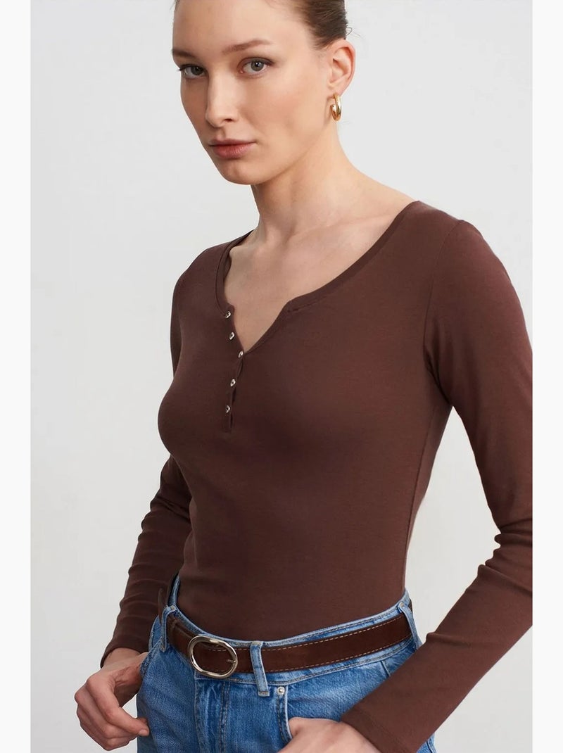T-shirt coton boutonné manches longues ajusté dilvin Marron - Kiabi