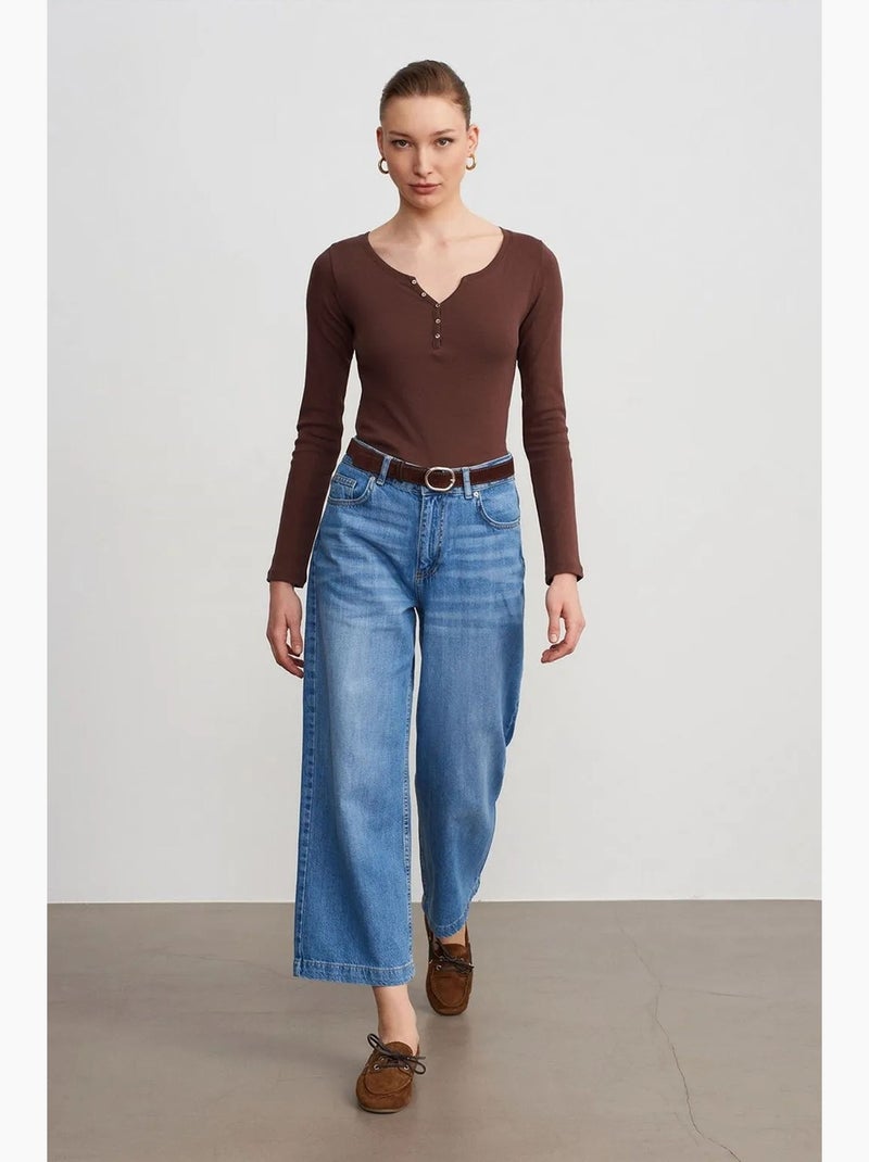 T-shirt coton boutonné manches longues ajusté dilvin Marron - Kiabi