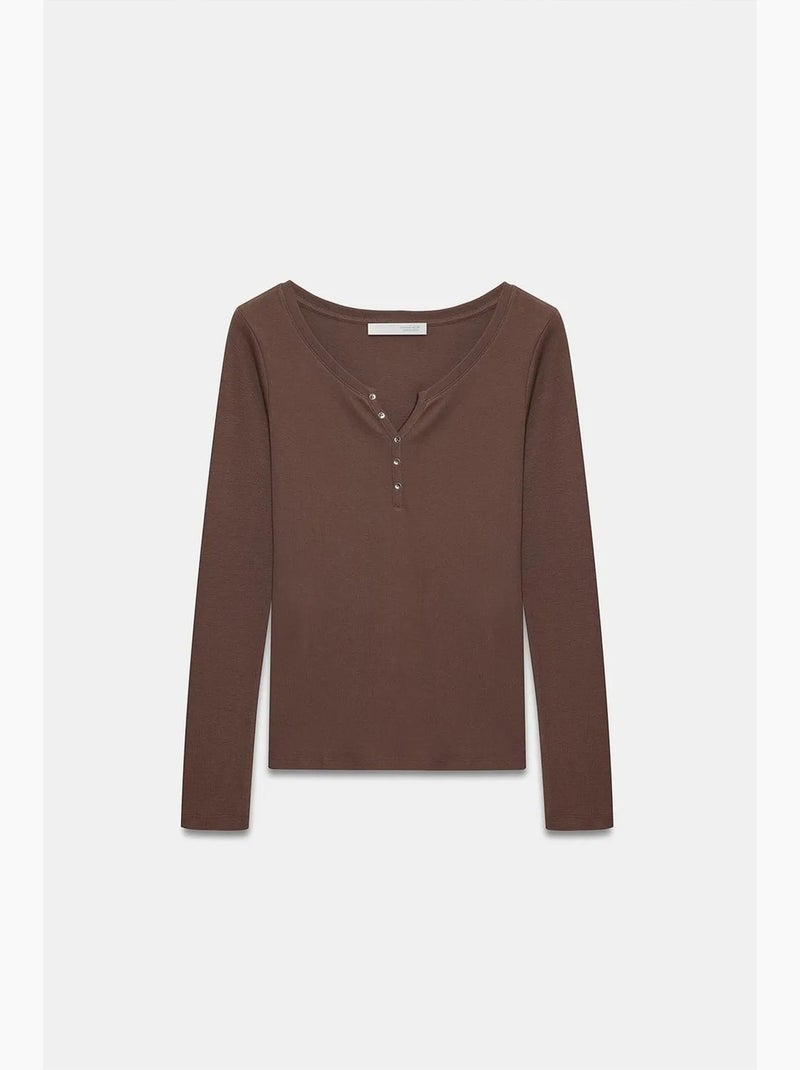 T-shirt coton boutonné manches longues ajusté dilvin Marron - Kiabi