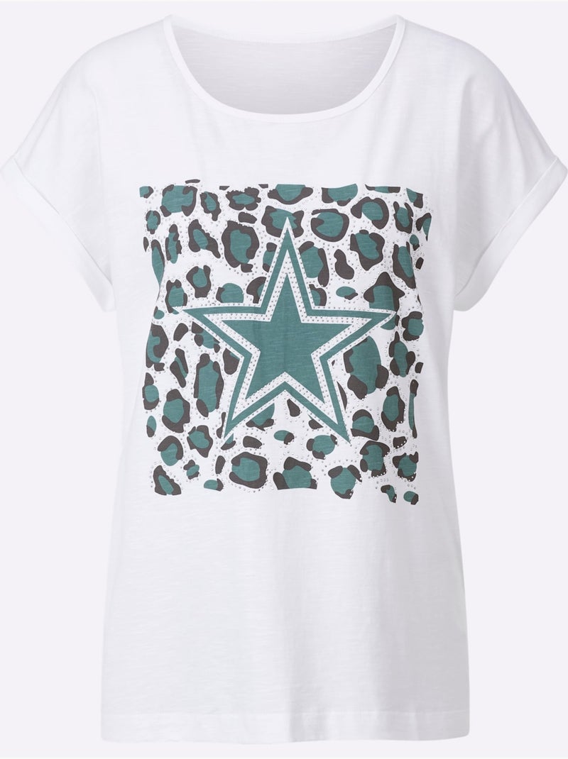 T shirt coton col rond et manches courtes motif étoile - Taille standard - Witt Blanc Vert - Kiabi