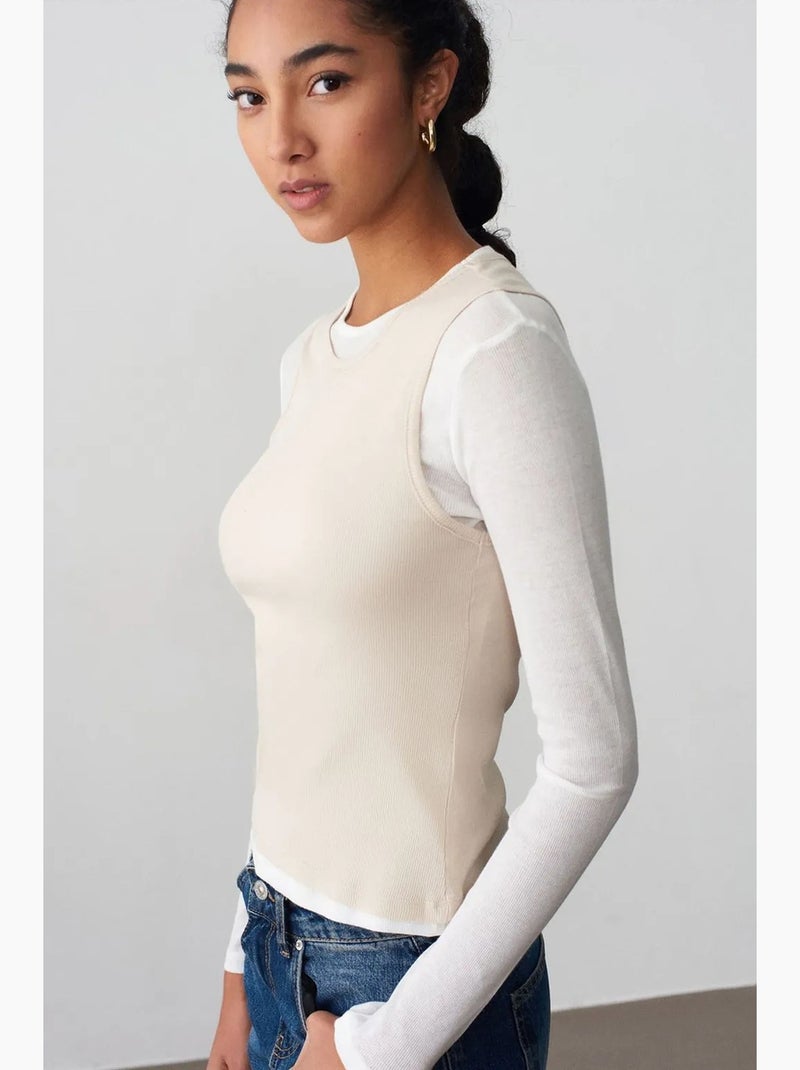 T-shirt coton col rond manches longues ajusté dilvin Crème - Kiabi