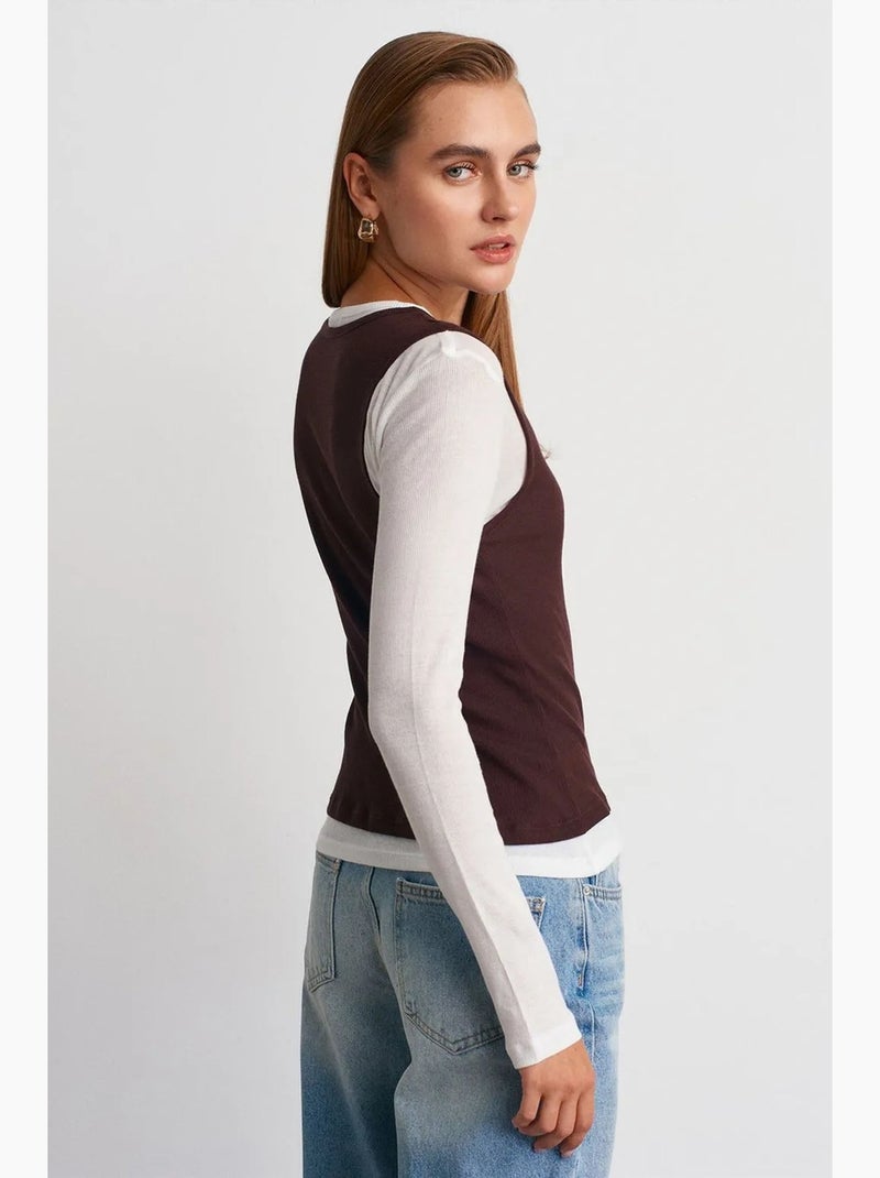 T-shirt coton col rond manches longues ajusté dilvin Marron chocolat - Kiabi