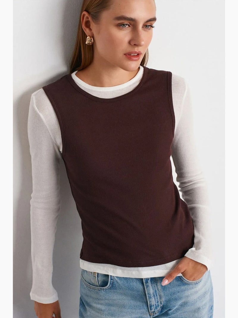 T-shirt coton col rond manches longues ajusté dilvin Marron chocolat - Kiabi