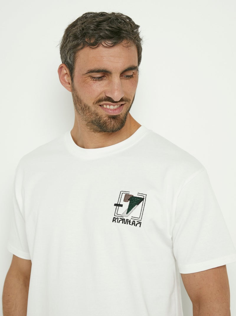 T-shirt coton épais, broderie graphique Blanc - Kiabi