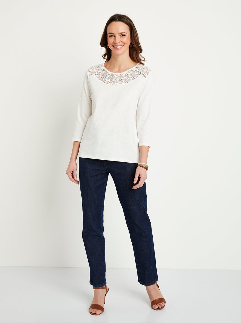 T-shirt coton et dentelle manches 3/4 Blanc - Kiabi