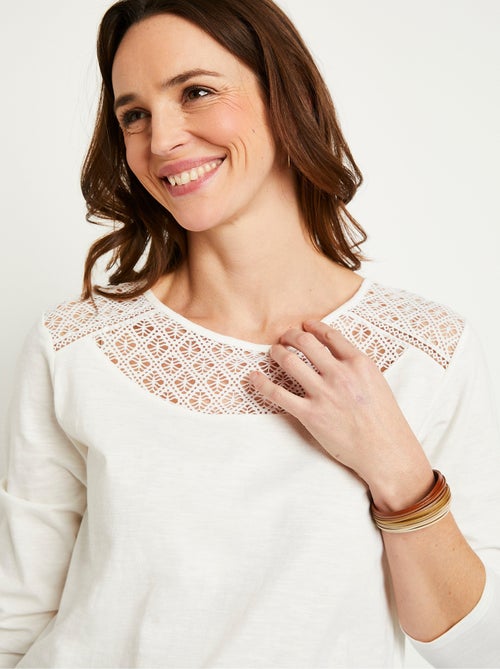 T-shirt coton et dentelle manches 3/4 - Kiabi