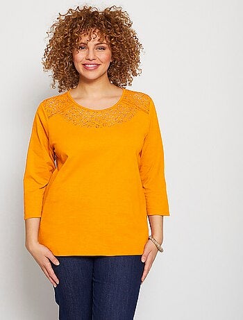 T-shirt coton et dentelle manches 3/4