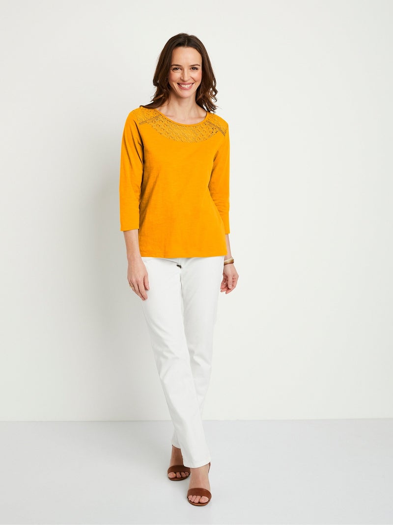 T-shirt coton et dentelle manches 3/4 Jaune - Kiabi