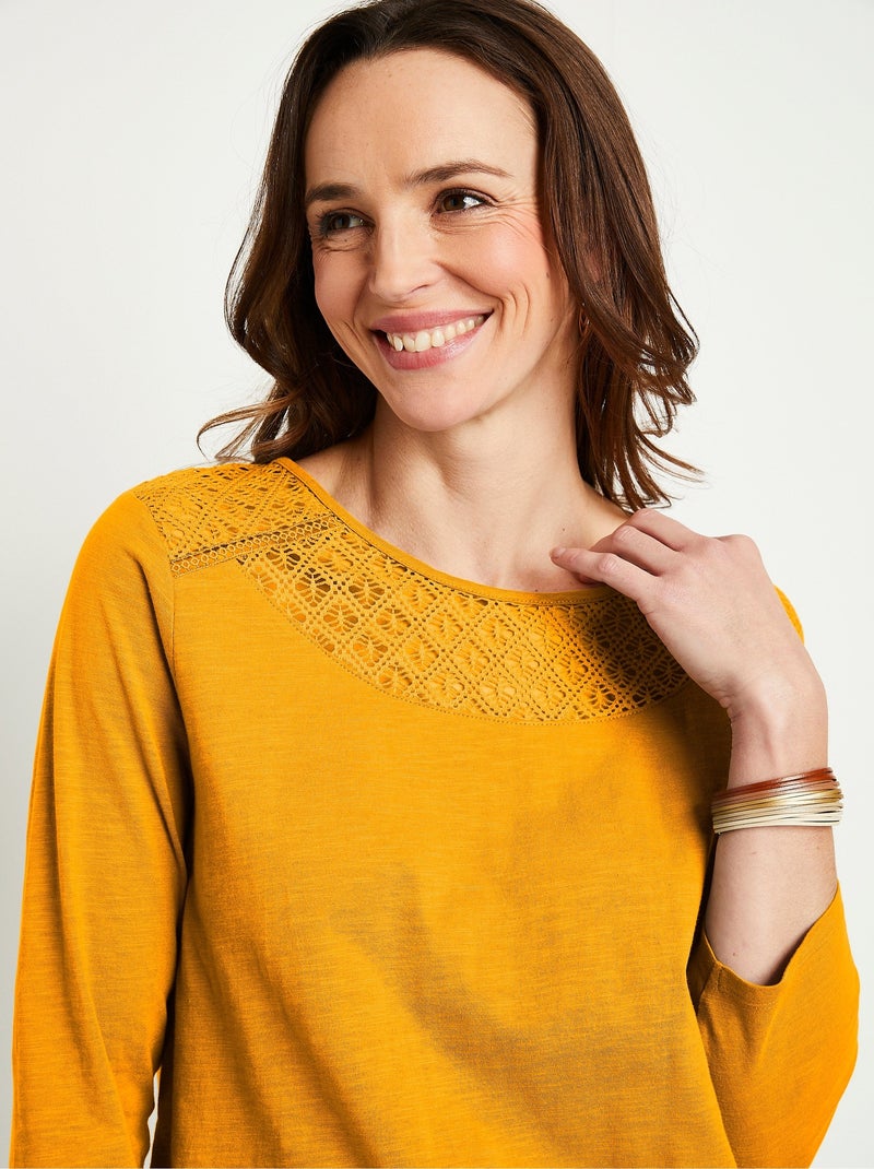 T-shirt coton et dentelle manches 3/4 Jaune - Kiabi
