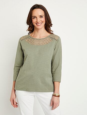 T-shirt coton et dentelle manches 3/4
