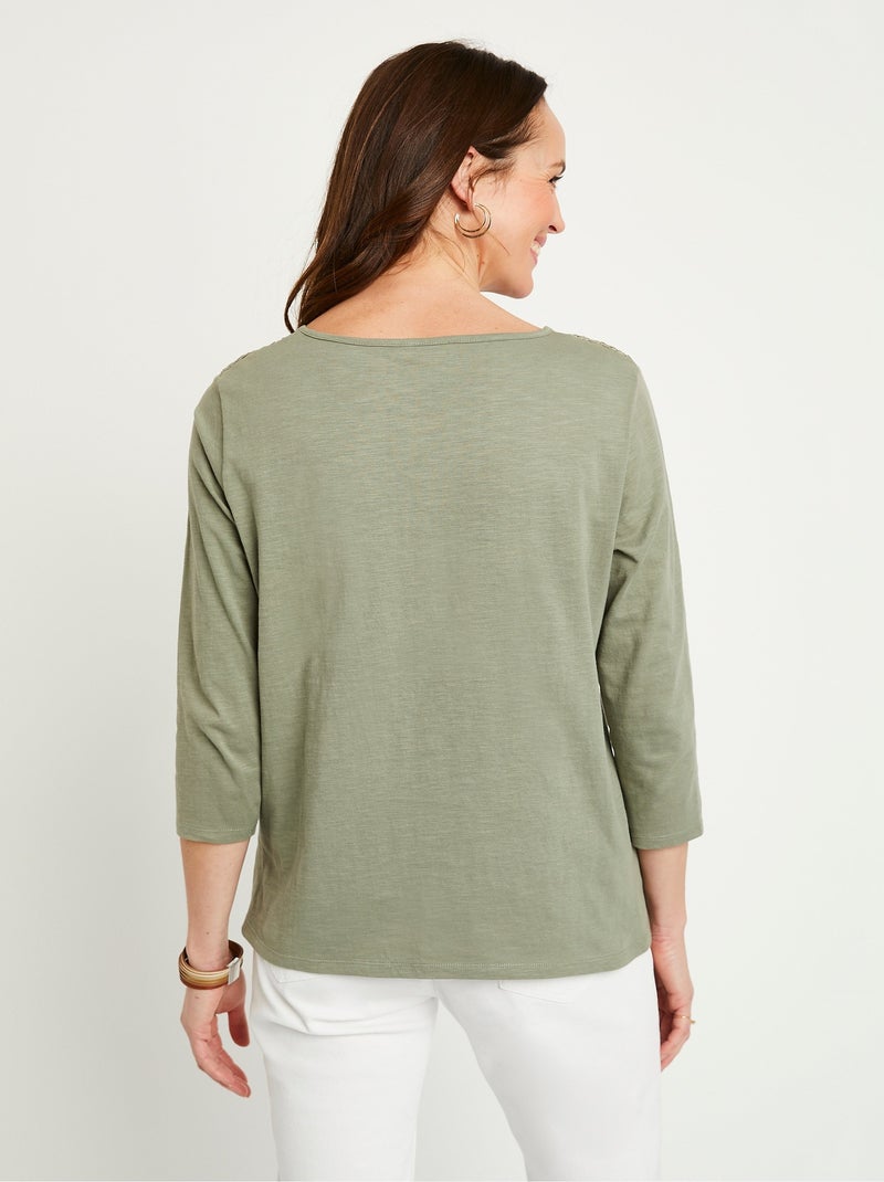 T-shirt coton et dentelle manches 3/4 Vert - Kiabi