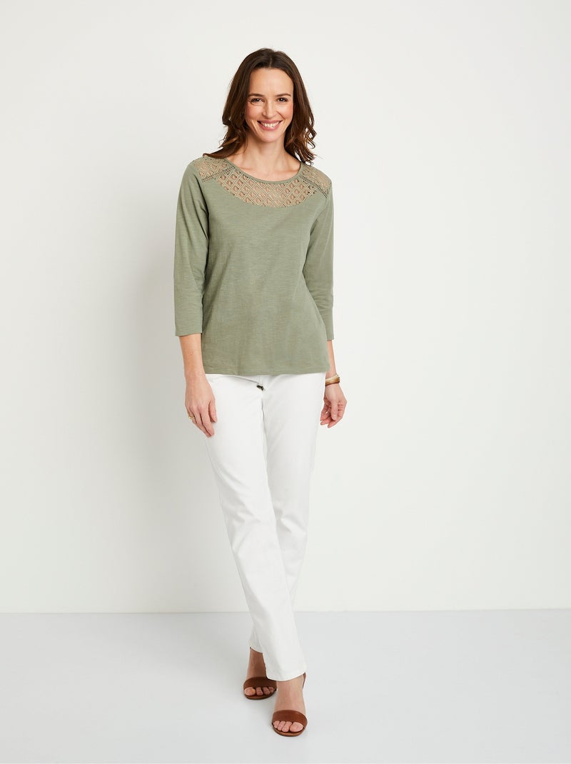 T-shirt coton et dentelle manches 3/4 Vert - Kiabi