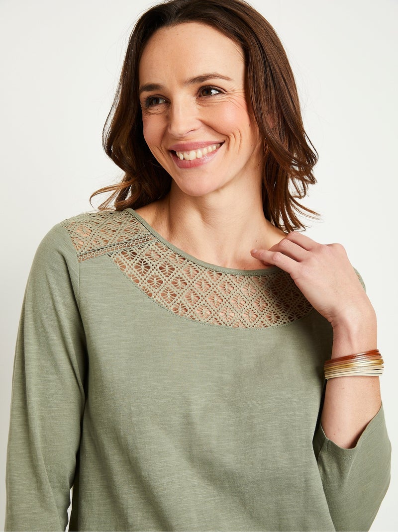 T-shirt coton et dentelle manches 3/4 Vert - Kiabi