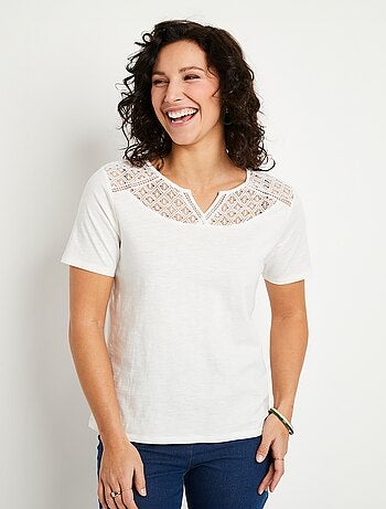 T-shirt coton maille flammée dentelle