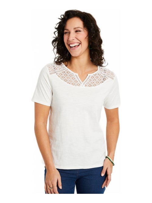 T-shirt coton maille flammée dentelle - Kiabi