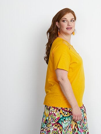 T-shirt coton maille flammée dentelle