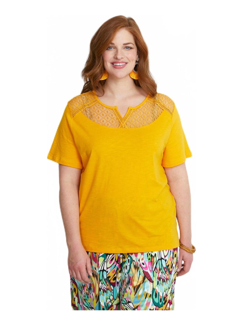 T-shirt coton maille flammée dentelle Jaune - Kiabi