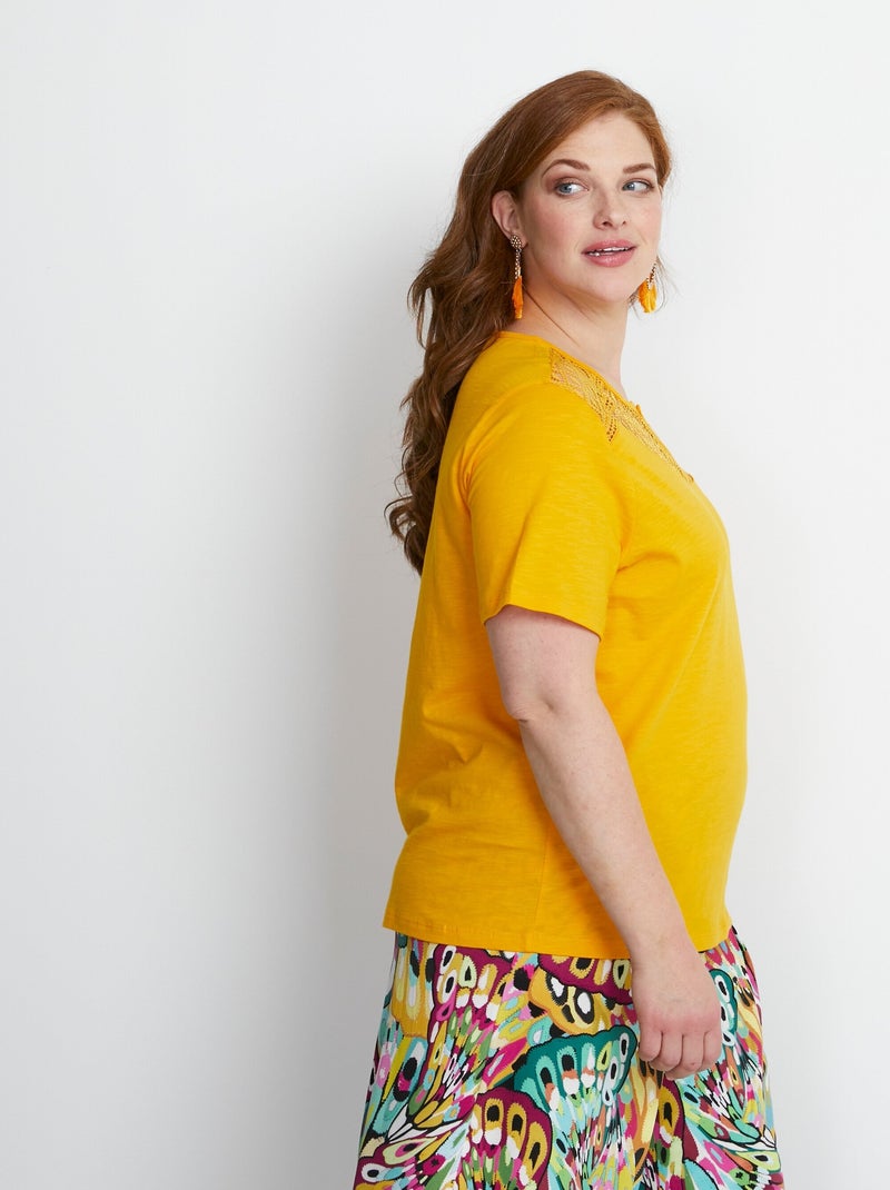 T-shirt coton maille flammée dentelle Jaune - Kiabi