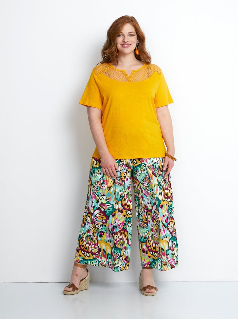 T-shirt coton maille flammée dentelle Jaune - Kiabi