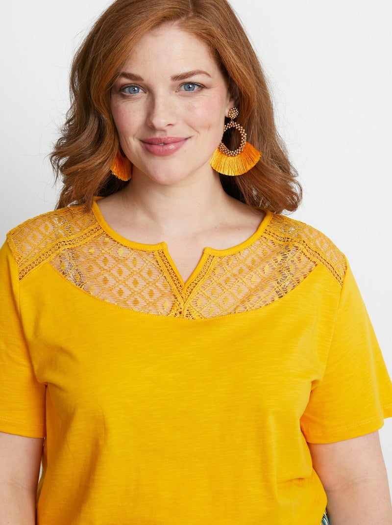 T-shirt coton maille flammée dentelle Jaune - Kiabi