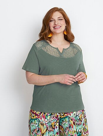 T-shirt coton maille flammée dentelle