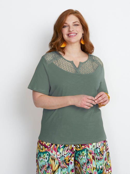 T-shirt coton maille flammée dentelle - Kiabi