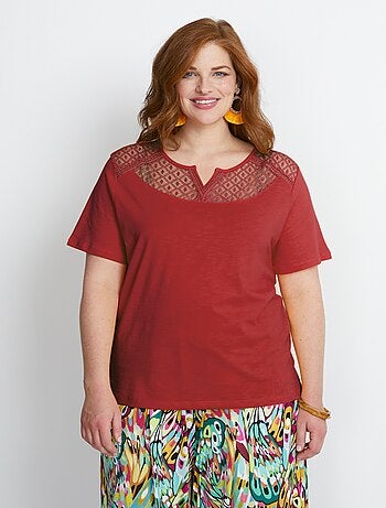 T-shirt coton maille flammée dentelle