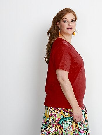 T-shirt coton maille flammée dentelle