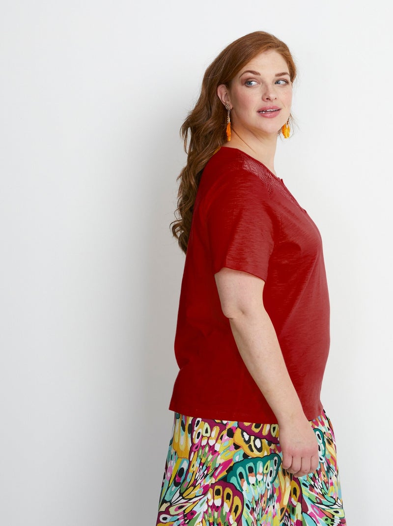 T-shirt coton maille flammée dentelle Rouge - Kiabi
