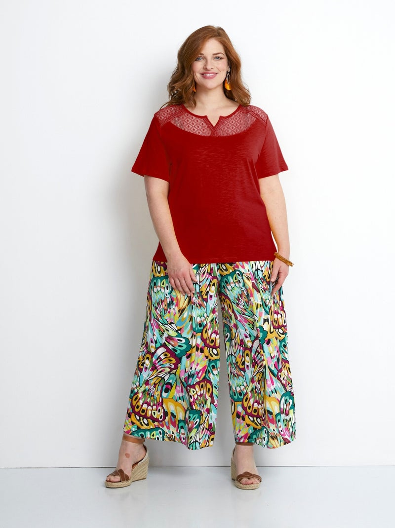 T-shirt coton maille flammée dentelle Rouge - Kiabi