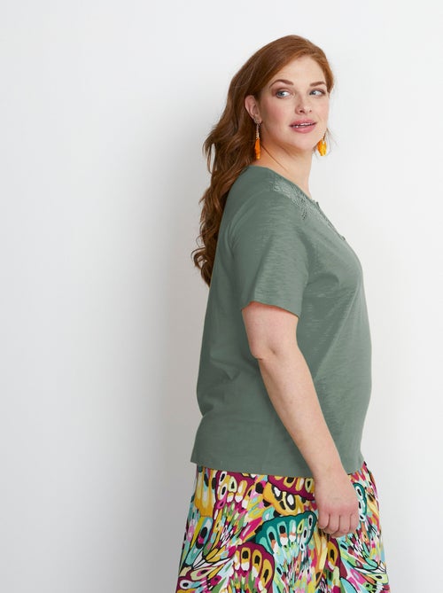 T-shirt coton maille flammée dentelle - Kiabi