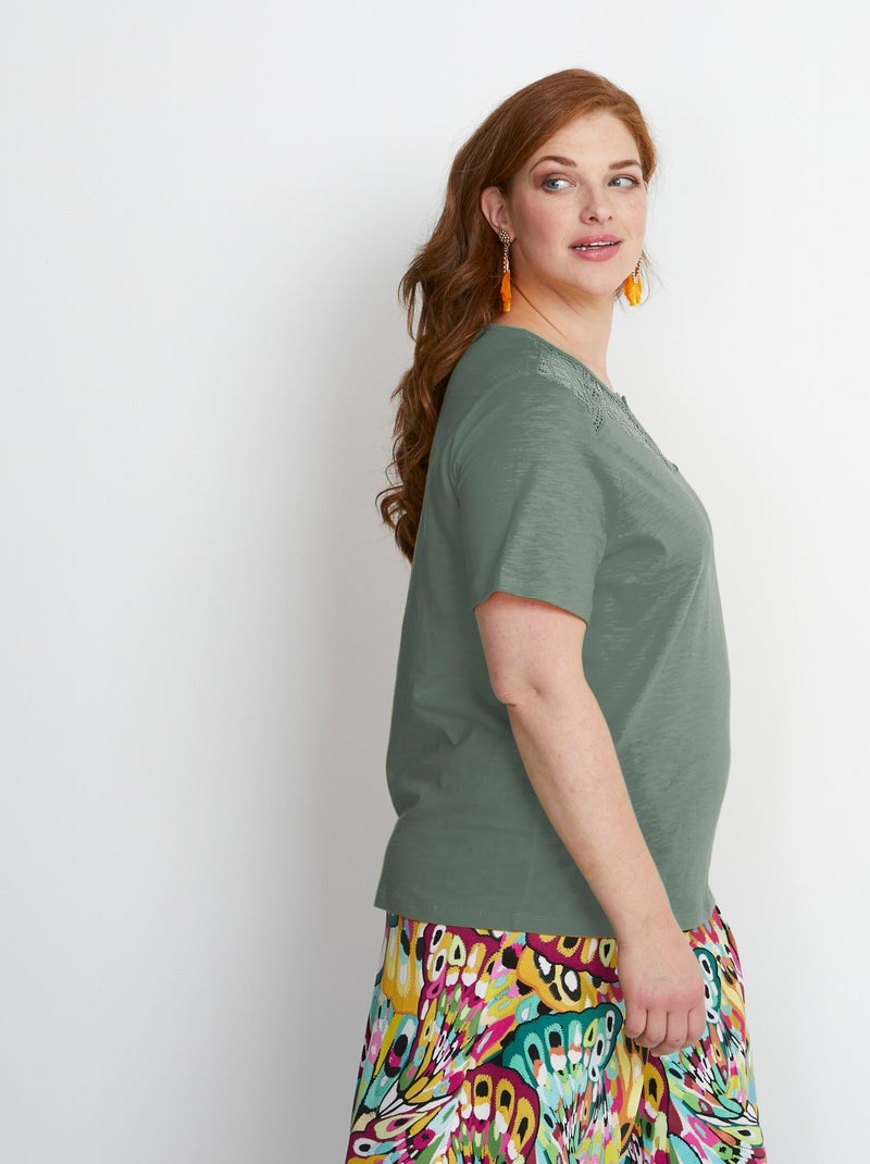 T-shirt coton maille flammée dentelle Vert - Kiabi