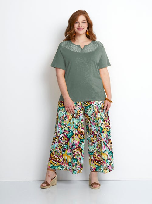 T-shirt coton maille flammée dentelle - Kiabi