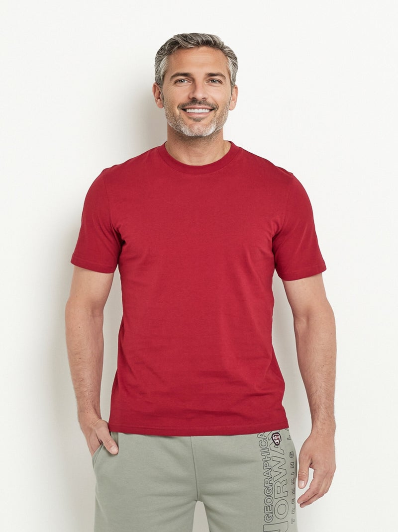 T-shirt coton manches courtes col rond Rouge bordeaux - Kiabi