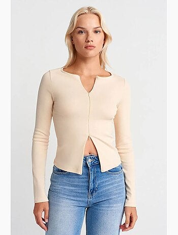 T-shirt coton mélangé zippé manches longues ajusté dilvin
