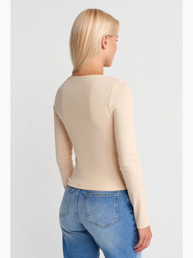 T-shirt coton mélangé zippé manches longues ajusté dilvin Beige clair - Kiabi