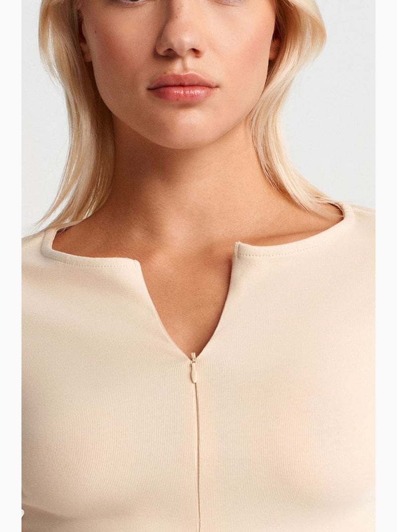 T-shirt coton mélangé zippé manches longues ajusté dilvin Beige clair - Kiabi