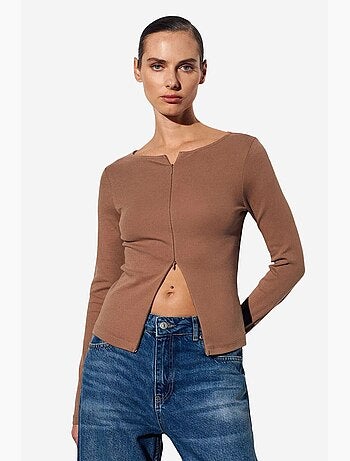 T-shirt coton mélangé zippé manches longues ajusté dilvin