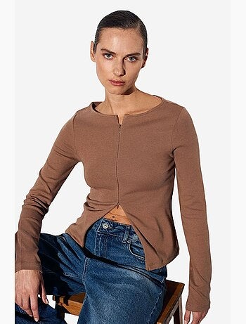 T-shirt coton mélangé zippé manches longues ajusté dilvin