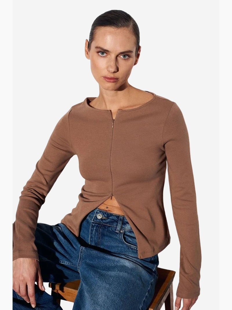T-shirt coton mélangé zippé manches longues ajusté dilvin Camel - Kiabi