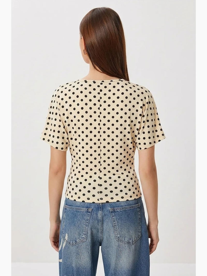 T-shirt coton pois col bateau manches courtes istanbul Beige argile - Kiabi