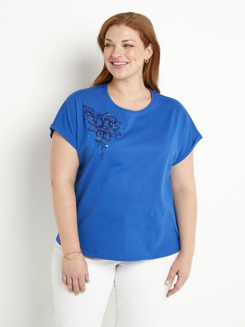 T-shirt coton uni sequins manches courtes Bleu - Kiabi