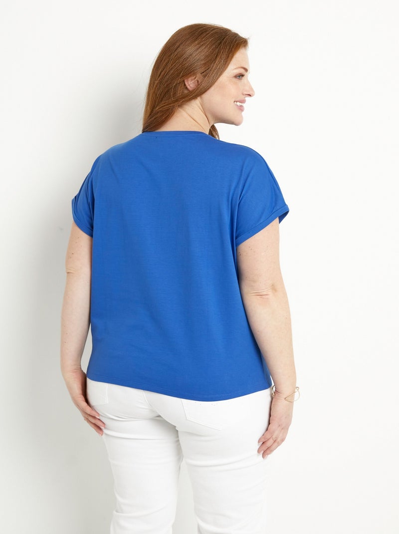 T-shirt coton uni sequins manches courtes Bleu - Kiabi