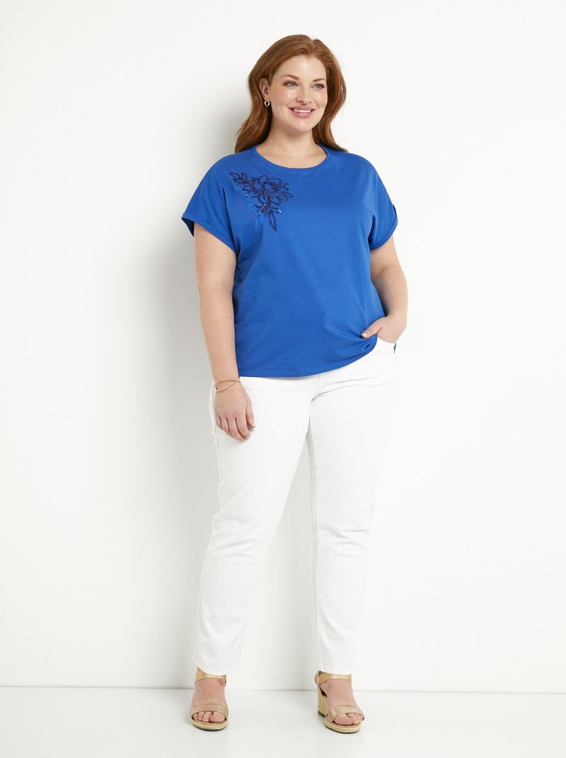 T-shirt coton uni sequins manches courtes Bleu - Kiabi