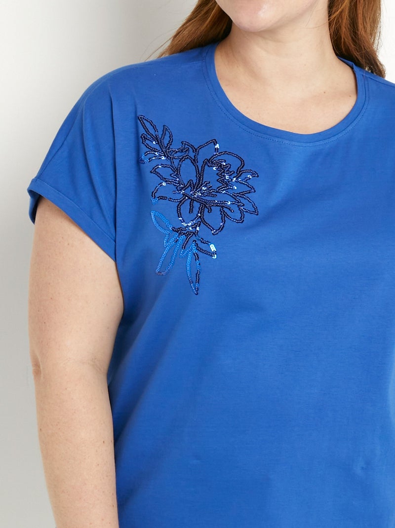 T-shirt coton uni sequins manches courtes Bleu - Kiabi